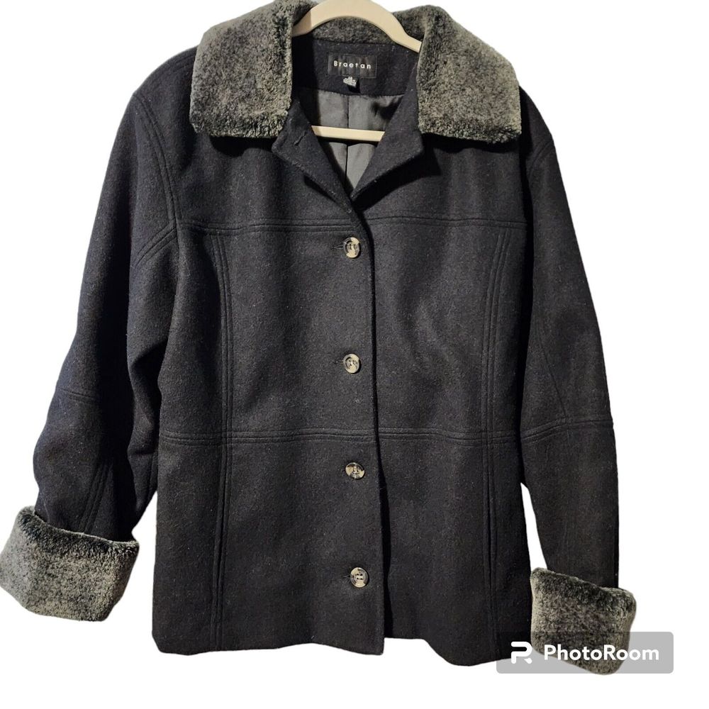 Braetan Womens Wool Blend Black Pea Coat  Size Medium